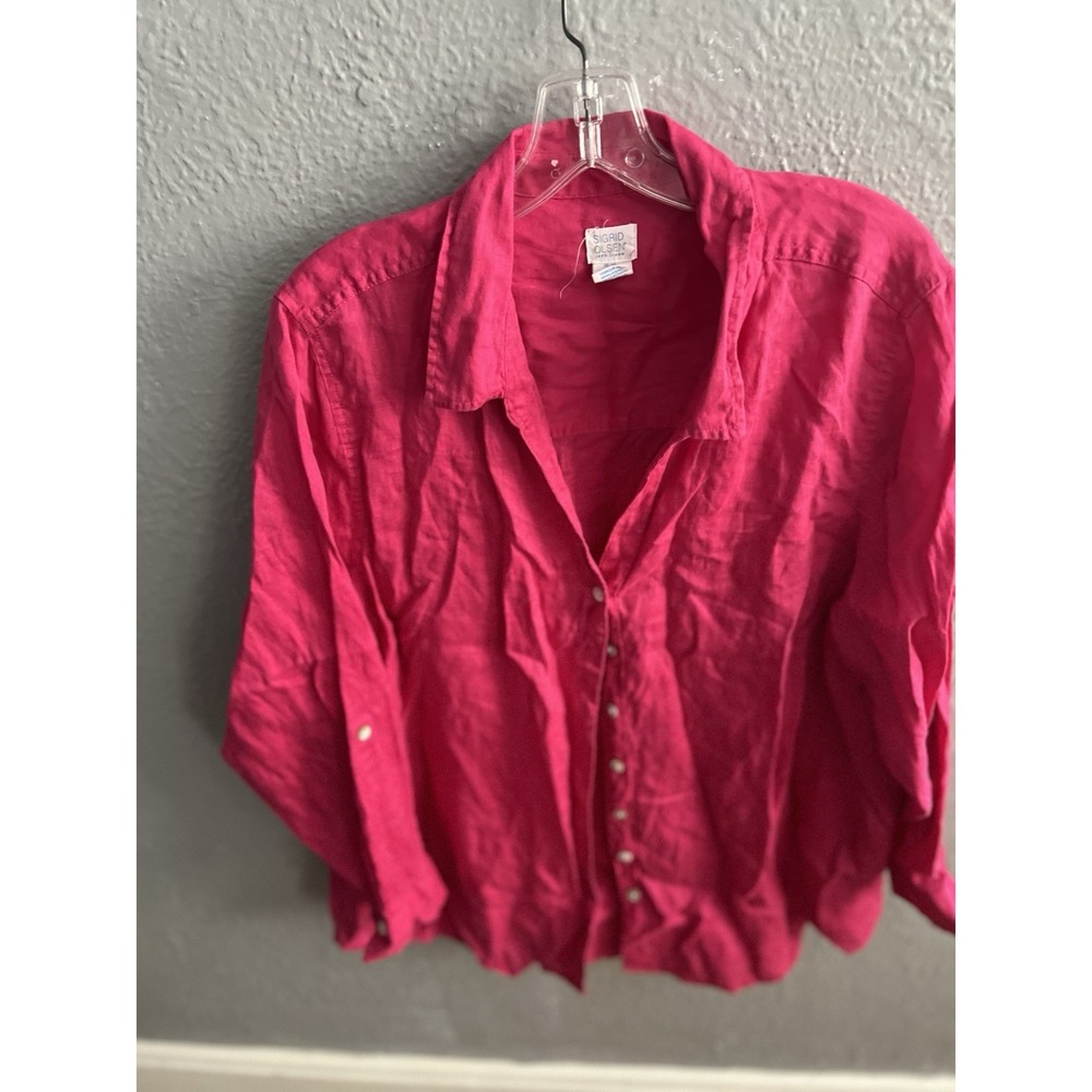 Women Sigrid Olsen Hot Pink Linen Blouse Shirt Size 2X Roll Tab